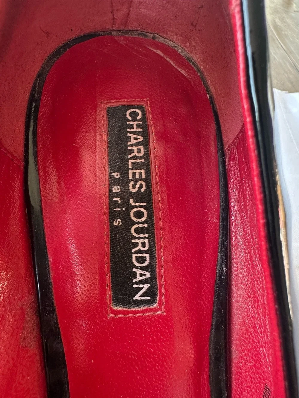 Charles Jourdan Paris black wedge heels with red interior